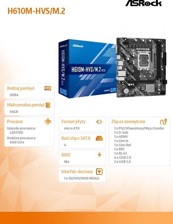 Produktbild AsRock H610M-HVS/M.2 R2.0 (LGA 1700, Intel H610, mATX)