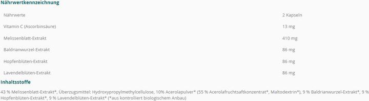 Valeurs nutritives et ingrédients Raab Mélisse Valériane avec Houblon et Lavande Bio (60 pièce(s), Capsules)