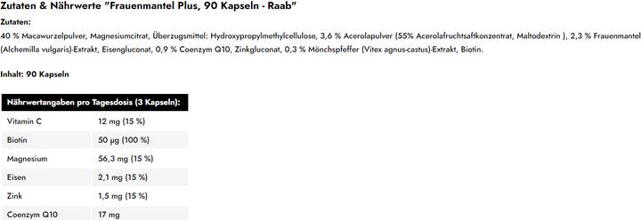 Nährwerte und Zutaten Raab Frauenmantel Plus (90 Stück, Kapseln, 90 g)
