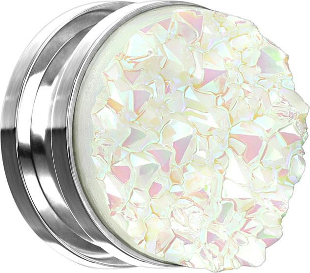 Produktbild Star Piercing Flesh Plug silber mit Druse Stein weiss (ohne Messing, Chirurgenstahl 316L)