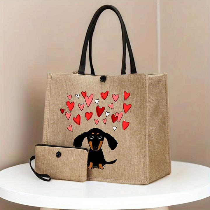 Image du produit Only-Bags.Store 2 Stück Hundedruck Canvas Tote Bags - Leichte Reise- und Strandtaschen mit Schnallenverschluss