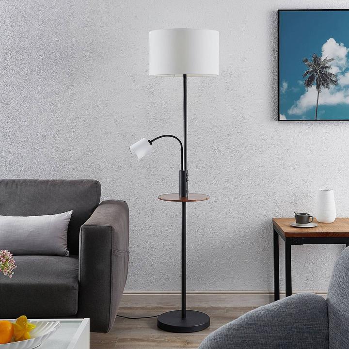 Actual product image Lindby Aovan floor lamp with shelf and USB, black (E27, E14)