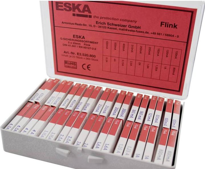 Produktbild ESKA E3520800 Feinsicherung-Sortiment (Ø x L) 5 mm x 20 mm Flink -F- Inhalt 3 (Feinsicherung, Flink)