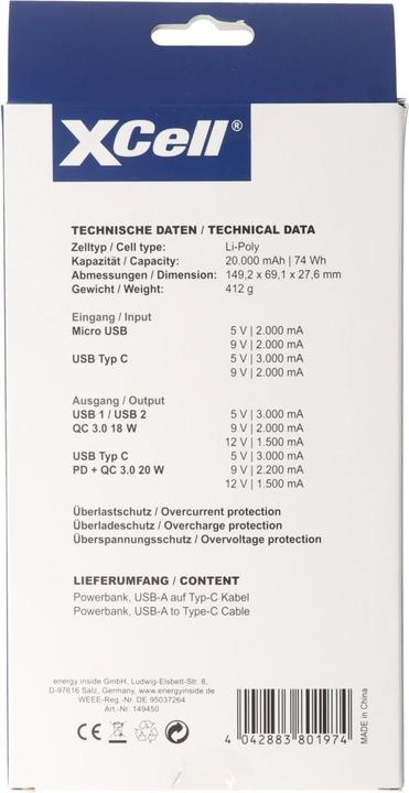 Energie-Label XCell Powerbank X20000PD mit 20.000mAh Kapazität, USB-C PD3.0, Quick-Charge, LED-Display (20 mAh)