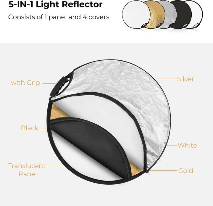 Immagine prodotto K&F Concept Riflettore fotografico circolare 5 in 1 da 107 cm con impugnatura oro argento nero bianco (110 cm)