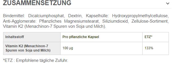 Nährwerte und Zutaten Solgar Vitamine K2 Kaps (1 Stück, Kapseln, 159 g)