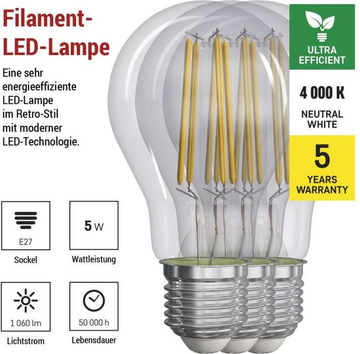 Immagine prodotto Emos LED Lampe Filament A60 / E27 / 5 W (75 W) / 1 060 lm / Neutralweiss (E27, 5 W, 1060 lm, 3 x, A)