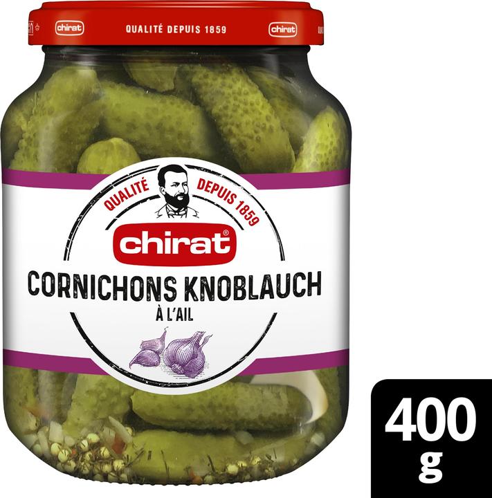 Produktbild Chirat Essig Cornichons Knoblauch, Essiggemüse ideal für Raclette, Fondue, Apéro, kalte Platten und Snack (450 g)