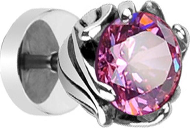 Produktbild Star Piercing Fake Plug silber Tribal Blume mit Kristall pink (ohne Messing, Chirurgenstahl 316L)