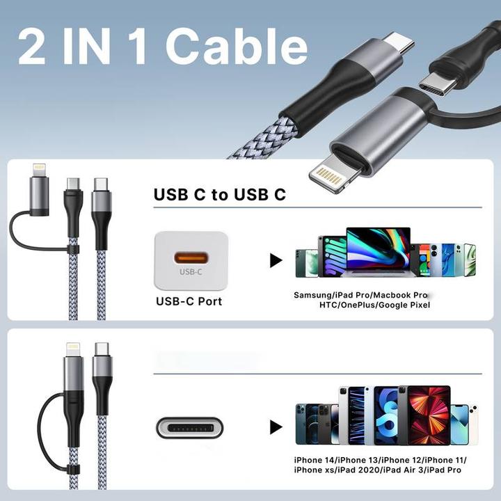 Produktbild PhoneLook Ladekabel 2 in 1 (USB-C auf USB-C + Lightning) für iPhone 15 und vorherige Modelle t (1 m)