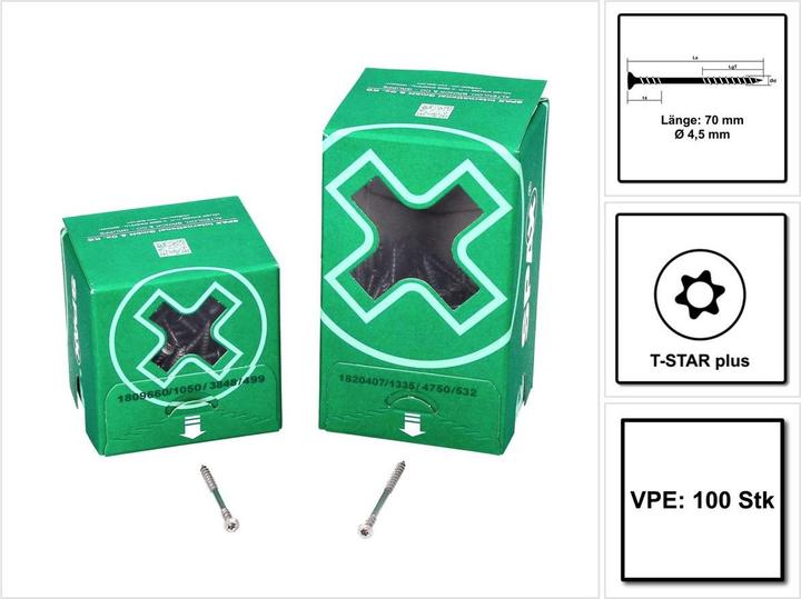 Produktbild Spax Fassadenschraube 4,5 x 70 mm 100 Stk. Edelstahl A2 ( 25470004507022 ) Fixiergewinde Mini Linse (100 Schrauben pro Stück)
