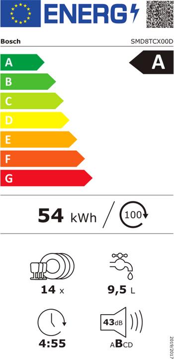 Label énergétique Bosch Hausgeräte SMD8TCX00D Select Line Lave-vaisselle entièrement intégré Série 8