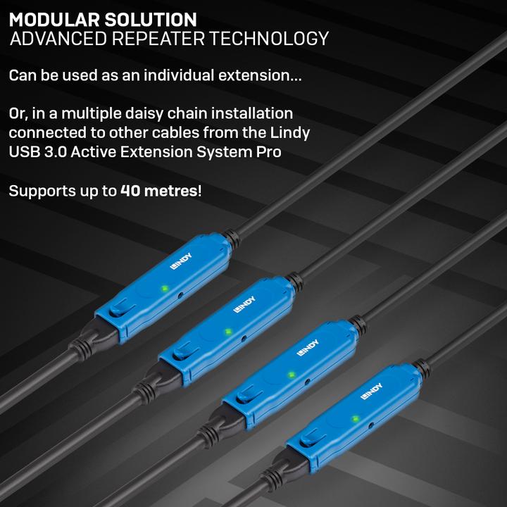 Produktbild Lindy 20m USB 3.0 Aktivverlängerung Pro USB 3.0 Verbindungen bis zu 40m (20 m, USB 3.2 Gen 1)