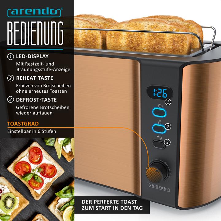 Actual product image Arendo Breakfast set, 4-slice long slot toaster with bread roll top & egg boiler for 3 eggs, copper