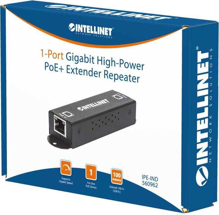 Actual product image Intellinet 1-Port Gigabit High-Power PoE/PoE+ Extender Repeater, IEEE 802.3at/af, Metal (2 Ports)
