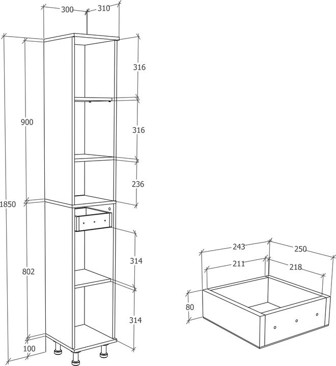 Produktbild VCM Holz Badmöbel Hochschrank Badregal Badschrank Badezimmer Schublade Regal Nilosi (30 x 31 x 185 cm)