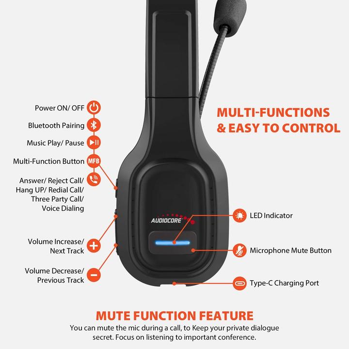 Actual product image Audiocore Bluetooth call center headset AC864 (ANC, 32 h, Wireless)