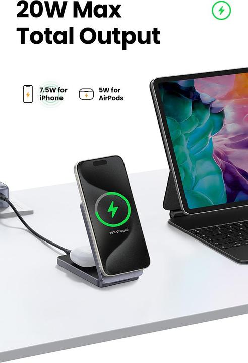 Image du produit Ugreen Chargeur magnétique sans fil 2 en 1 gris (20 W)