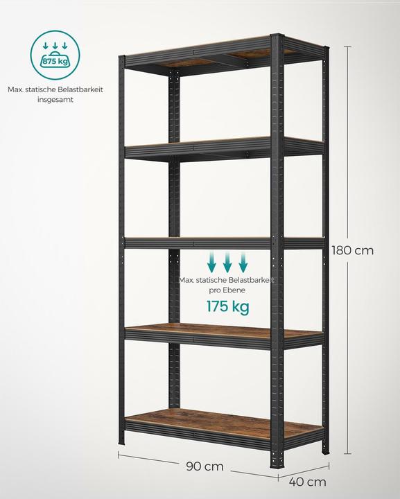 Produktbild Songmics Schwerlastregal GLR040B11 schwarz, braun 90,0 x 40,0 x 180,0 cm