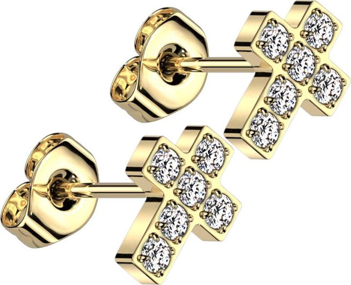 Actual product image Star Piercing Threadless Stud Earrings Gold Plated Cross Crystals Silver (without brass, Titanium G23)