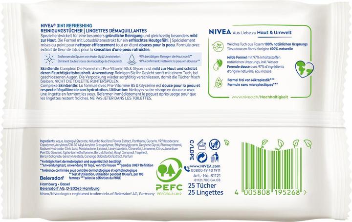 Valeurs nutritives et ingrédients NIVEA Lingettes nettoyantes 3en1 Rafraîchissantes Multipack 6 x 25 pièces (Chiffons de nettoyage)