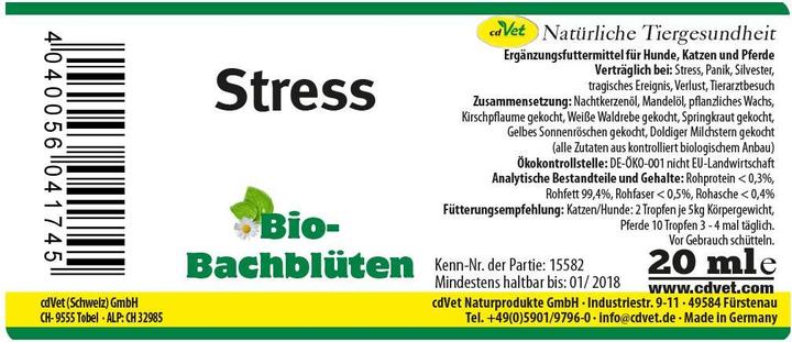 Immagine prodotto cdVet Integratore alimentare per cani Fiori di Bach biologici, Stress, 20 ml (Senior, Adulto, Junior, 1 pz., 60 g)