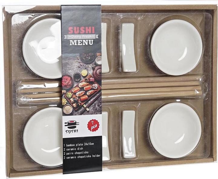 Actual product image DKD Home Decor Sushi set bamboo stoneware white natural oriental 27.3 x 20.3 x 2.5 cm (12 pieces) (12 Piece)