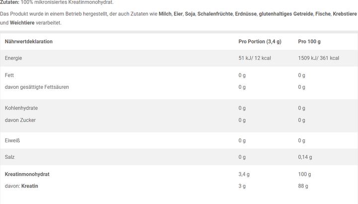Nährwerte und Zutaten Olimp Sport Nutrition Creapure (Neutral, 1 Stk., 500 g)