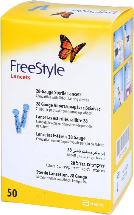 Produktbild AMO FreeStyle sterile Lanzetten, 28 Gauge mit Stechhilfen von Abbott kompatibel, 50 St. Zubehör (Lanzette)
