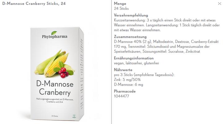 Nährwerte und Zutaten Phytopharma D-Mannose Cranberry Stick 24 Stk (24 Stück, Stift)
