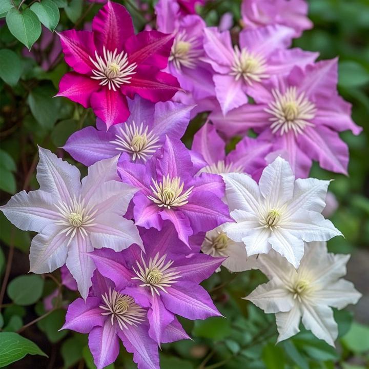 Actual product image Plant in a Box Clematis hybrid 'Mme Le Coultre', 'Hagley Hybrid', 'Polish Spirit' - set of 6 clematis (25 cm)
