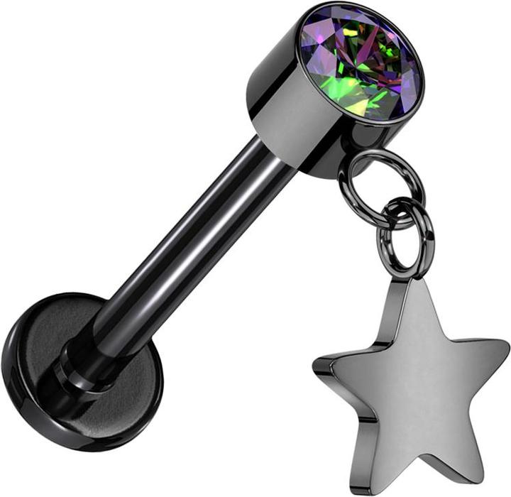 Star Piercing Micro Threadless Labret schwarz Zylinder schwarz Kristall dunkel multicolor Anhänger Stern schwarz (ohne Messing, Titan G23)
