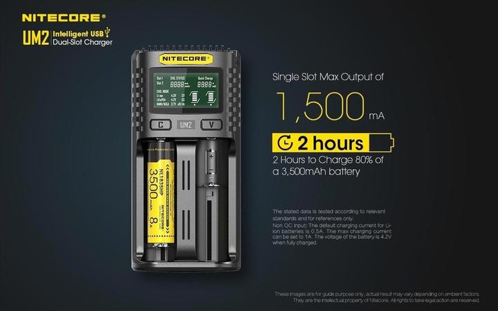 Actual product image Nitecore UM2 USB charger (1 pcs., 14500, 16340, 18650, 26650, Chargers without battery)