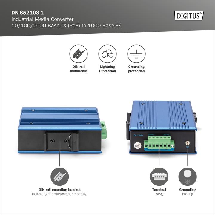 Immagine prodotto Digitus 10/100/1000 Base-TX to 1000 Base-FX Industrial Media Converter (2 Porti)