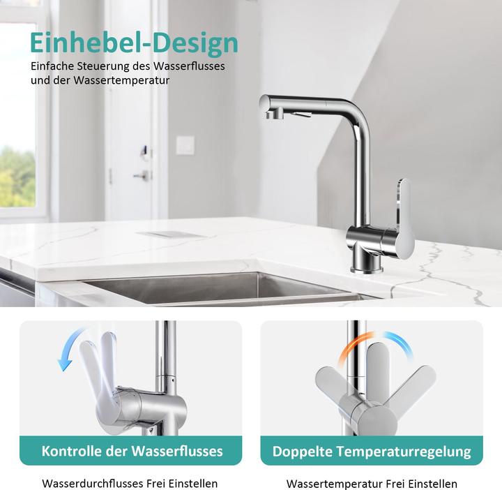 Actual product image Emke Kitchen Mixer Tap with Pull-Out Spray, 2 Spray Modes, Sink Mixer, 60cm Hose, Chrome