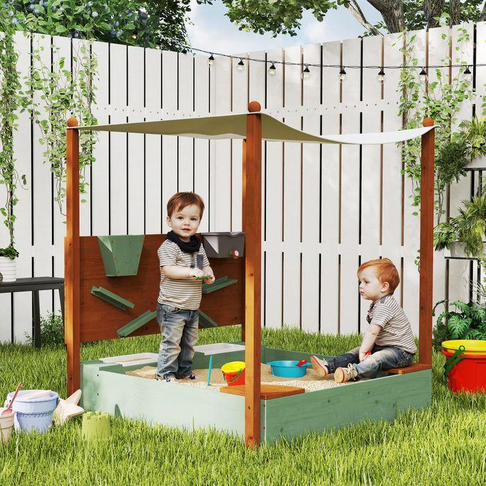 Produktbild Swisshandel24 Sandkasten mit Dach, 116 x 112,5 cm Sandkiste aus Holz für 3-6 Jahre Kinder Grün
