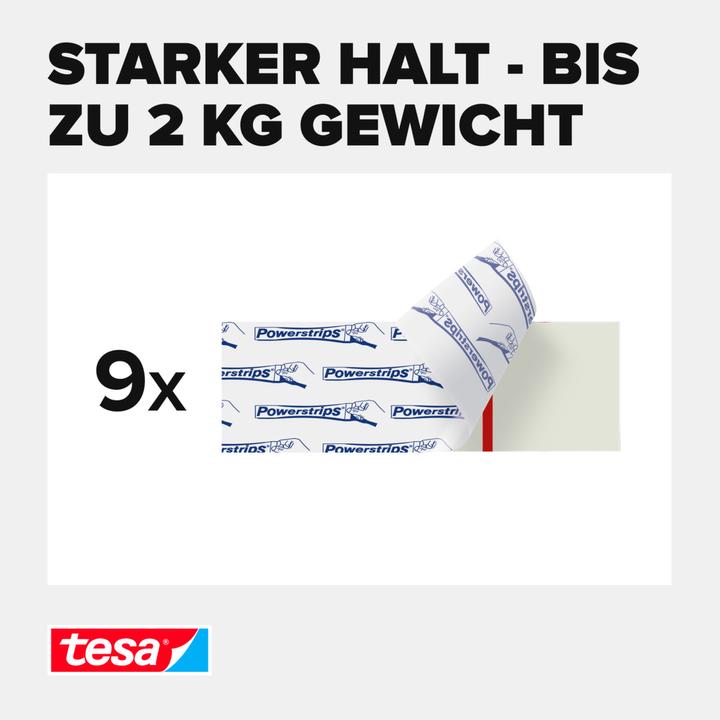 Image du produit tesa Powerstrips pour le carrelage et le métal, capacité de fixation de 2 kg, 9 bandes adhésives double