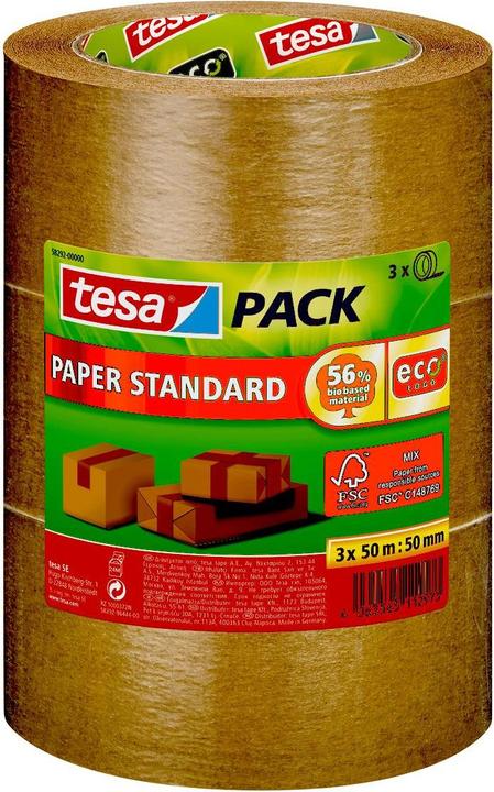 tesa 3x tesapack PAPER STANDARD Verpackungsband - 56 % biobasiertes Material - recyclingfreundlich (50 mm)