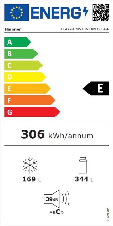 Label énergétique Heinner HSBS-HM513NFIMDXE++ (513 l)