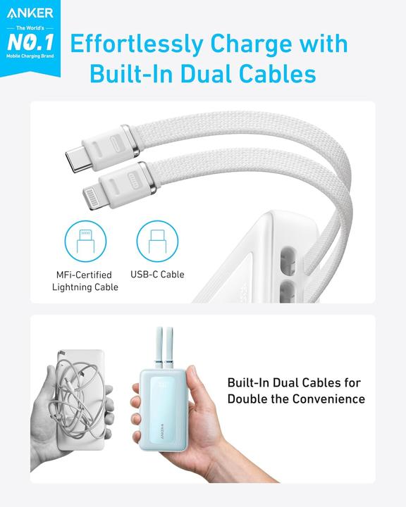 Produktbild Anker - Power Bank (20K, 30W, Built-In USB-C Lightning Cable) B2C - UN White (20000 mAh, 30 W)