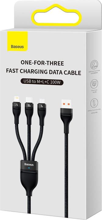 Actual product image Baseus 3in1 USB cable Flash Series, USB-C + micro USB + Lightning, 100W, 1.2m (black) (1.20 m, USB 3.2 Gen 1)