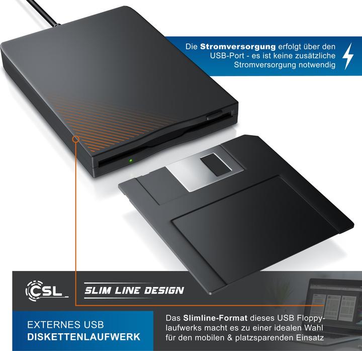 Image du produit CSL Lecteur de disquette externe, Slimline USB Floppy Disk Drive Externe, FDD 1,44MB 3,5 pouces, pour (lecteur de disquettes)
