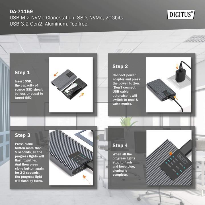 Immagine prodotto Digitus USB M.2 NVMe Clonestation, SSD, NVMe, 20Gbit, USB 3.2 Gen2, Alluminio, senza attrezzi (M.2 2280, M.2 2260, M.2 2242, M.2 2230)