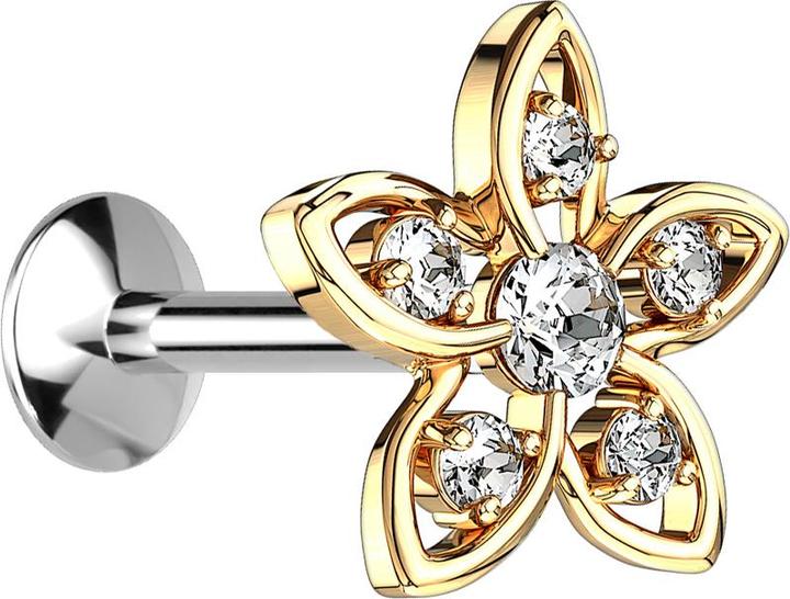Produktbild Star Piercing Micro UFO Labret Innengewinde vergoldet mit Blume und Kristall silber (Messing, Chirurgenstahl 316L)