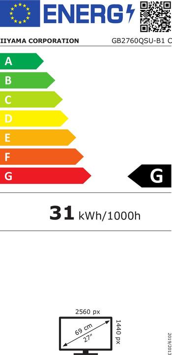 Label énergétique iiyama G-Master GB2760QSU-B1 (2560 x 1440 pixels, 27")