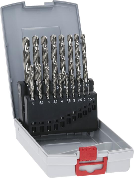Actual product image Bosch Professional Zubehör PRO Metal HSS-G twist drill set, 19 pcs. (1 mm, 1.5 mm, 2 mm, 2.5 mm, 3 mm, 3.5 mm, 4 mm, 5 mm, 5.5 mm, 6 mm, 6.5 mm, 7 mm, 10 mm, 8 mm, 8.5 mm, 9 mm, 9.5 mm, 4.5 mm, 7.5 mm)