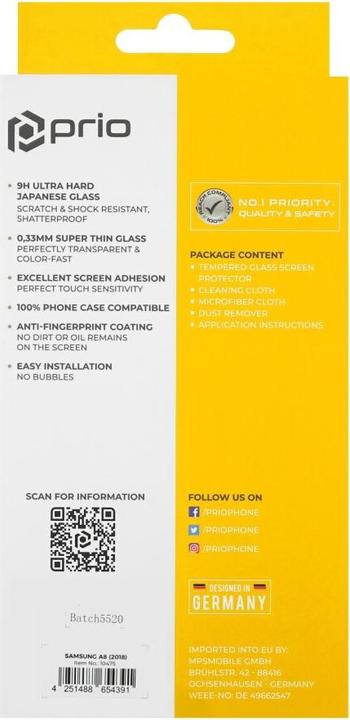 Actual product image prio Display protection glass for Samsung A8 (2018) transparent (1 Piece, Samsung Galaxy A8 (2018))