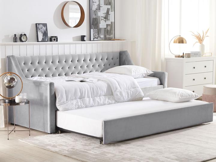 Actual product image Beliani Daybed extendable velvet fabric grey slatted frame 90 x 200 cm MONTARGIS (90 x 200 cm)