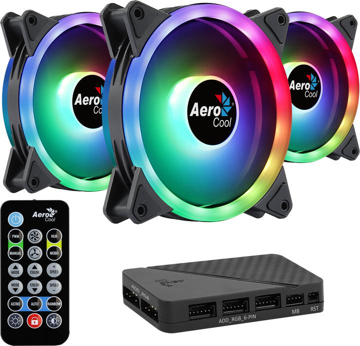 AeroCool DUO12PRO Kit 3xLüfter 12cm ARGB LED Dual Ring Antivibration 6 Pins Schwarz (120 mm, 3 x)