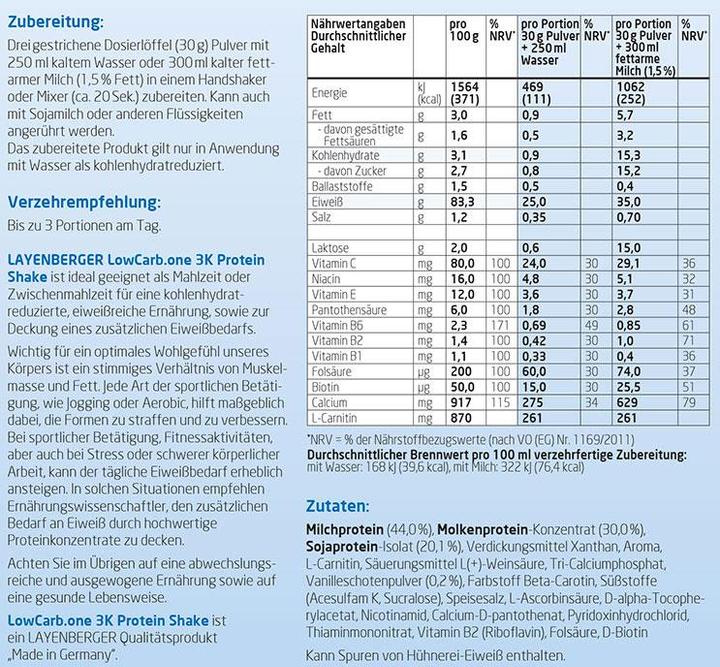 Nutritional values and ingredients Layenberger LowCarb.one 3K Protein Shake (Berry, 1 pcs., 360 g)
